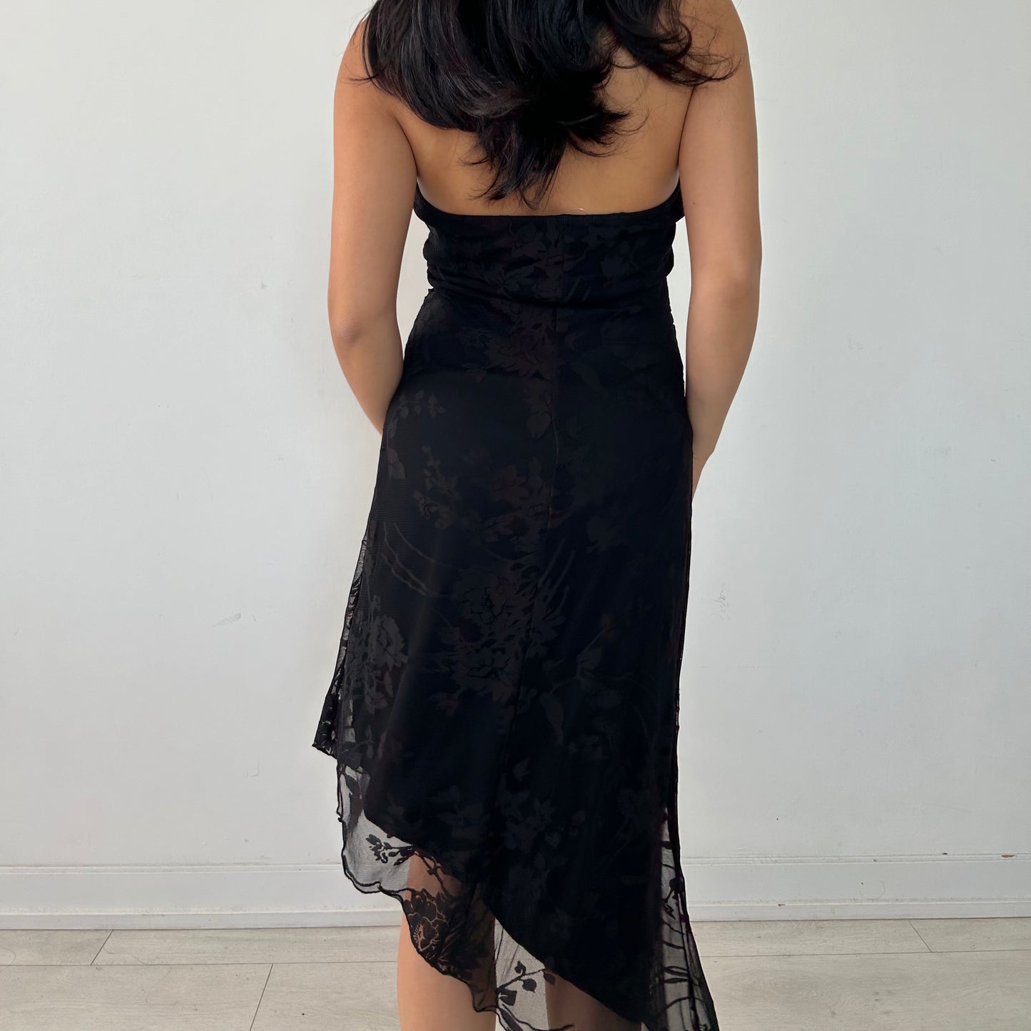 Vintage Deadstock Le Château Asymmetrical Hem Black Halter Lace Dress - Medium