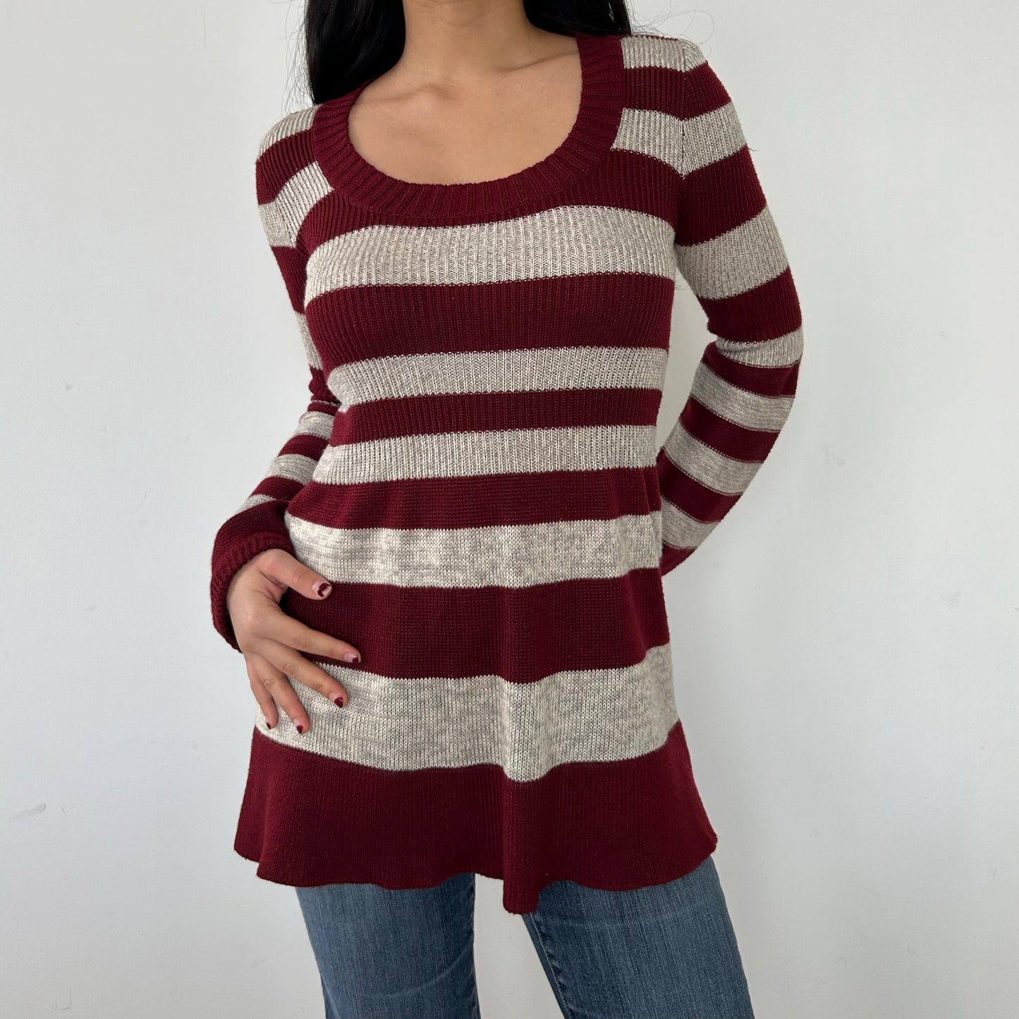 Burgundy Striped Babydoll Long Sleeve Knit - Medium