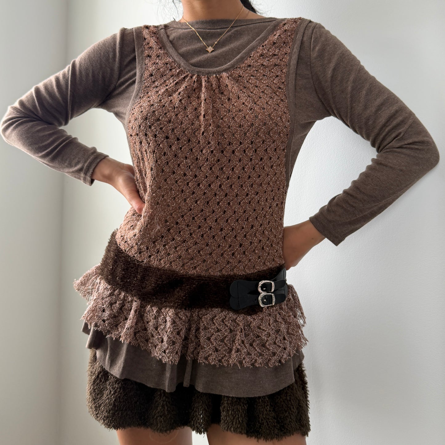 Brown Layered Knit Long Sleeve Mini Dress - Small