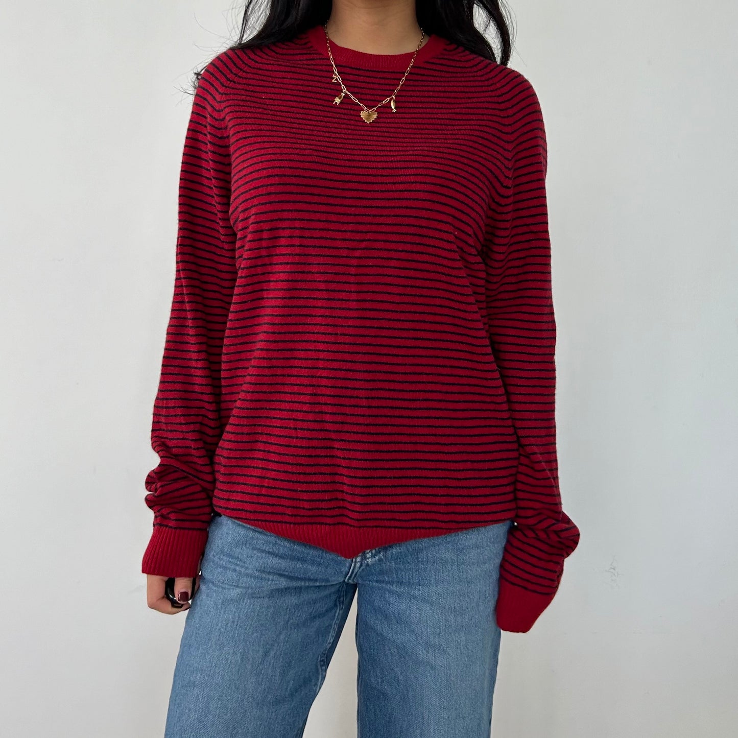 J. Crew Red Striped Lambswool Crewneck Knit Jumper - Medium