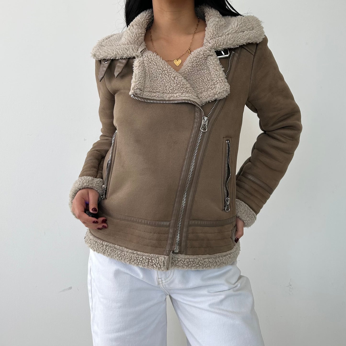 Zara Brown Double Face Faux Shearling Moto Jacket - X-Small