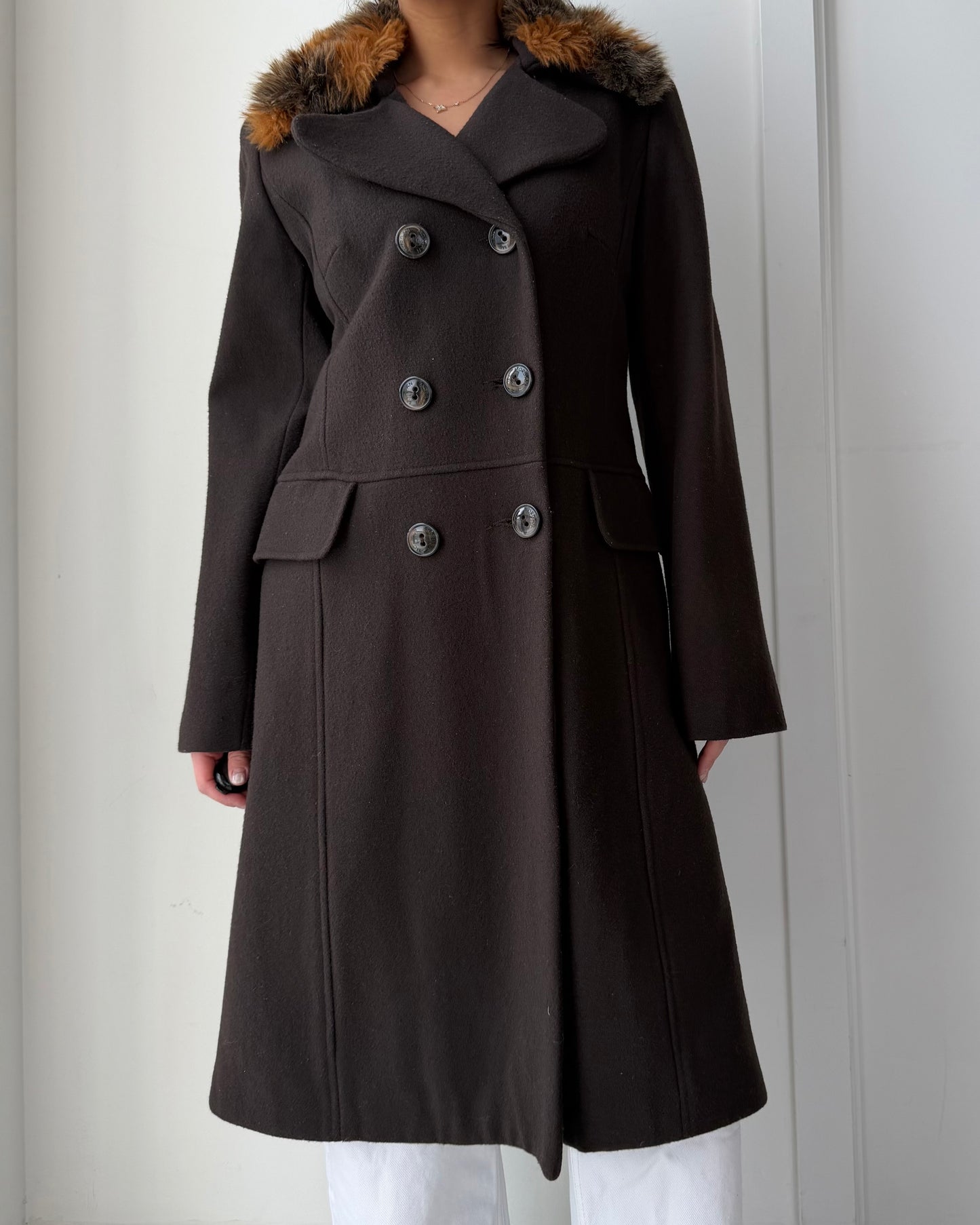 Morgan de Toi Brown Double Breasted Wool Coat with Faux Fur Trim - Medium