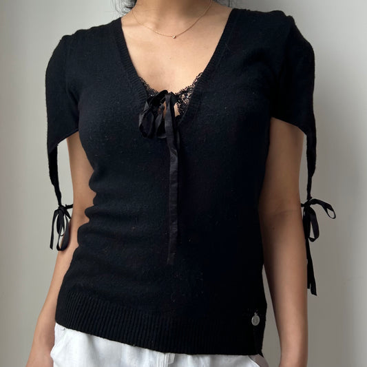Axara Paris Black Wool and Cashmere Blend Short Sleeve Knit Top - Medium