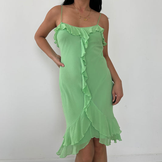 Express 100% Silk Green Ruffle Dress - X-Small