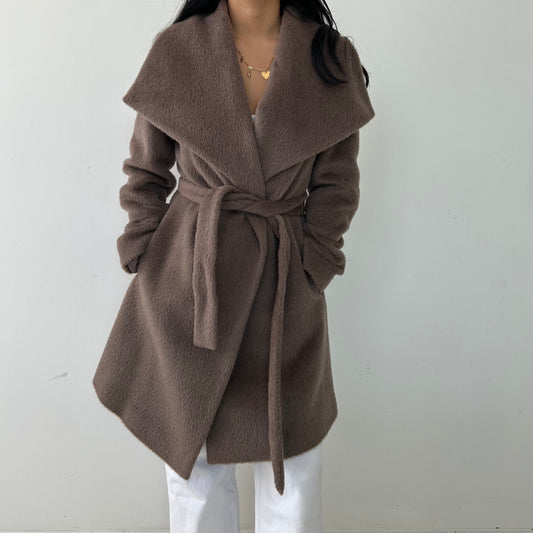 Dawn Levy Taupe Double Face Wool and Alpaca Wrap Coat - Medium