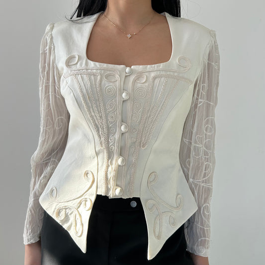 Vintage Made in Canada Cream Embroidered Blouse with Sheer Sleeves - Small