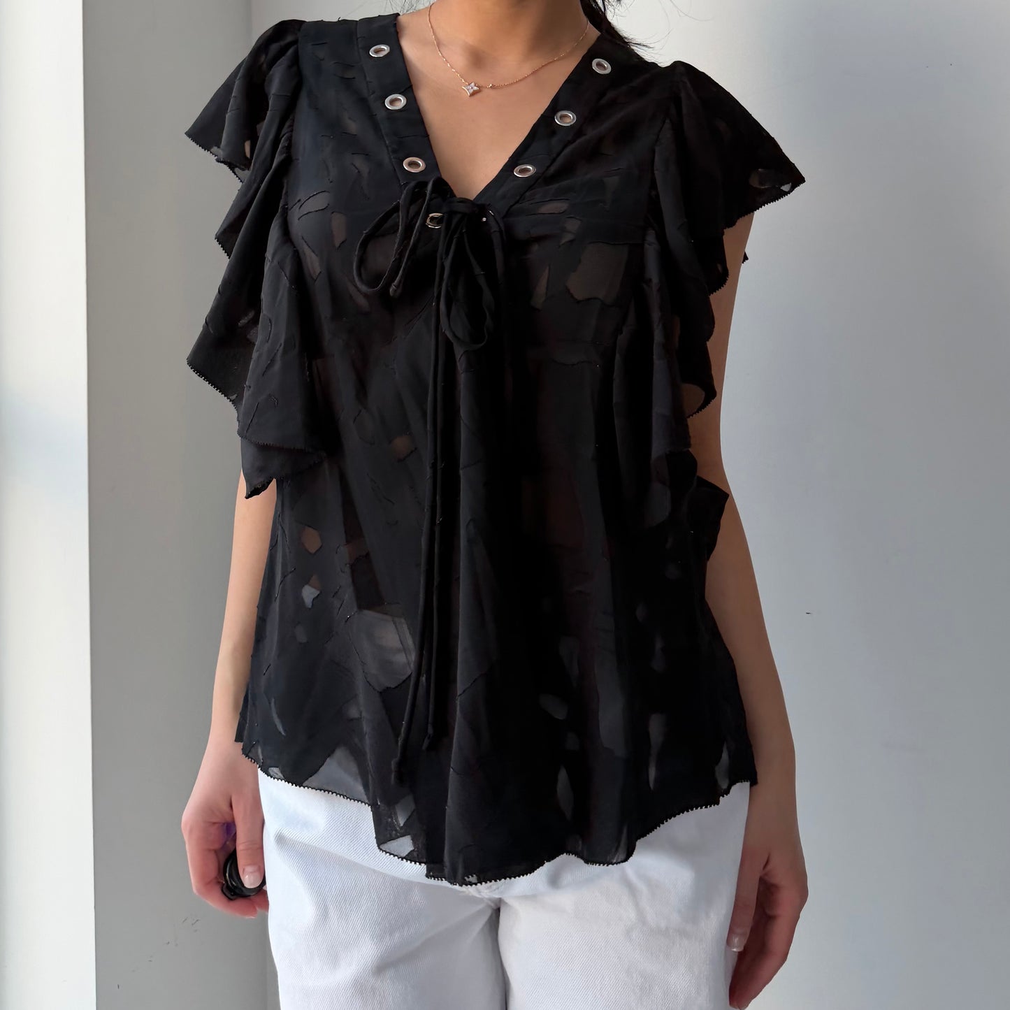 Iro Black Gilka Short Sleeve Grommet Blouse - Medium