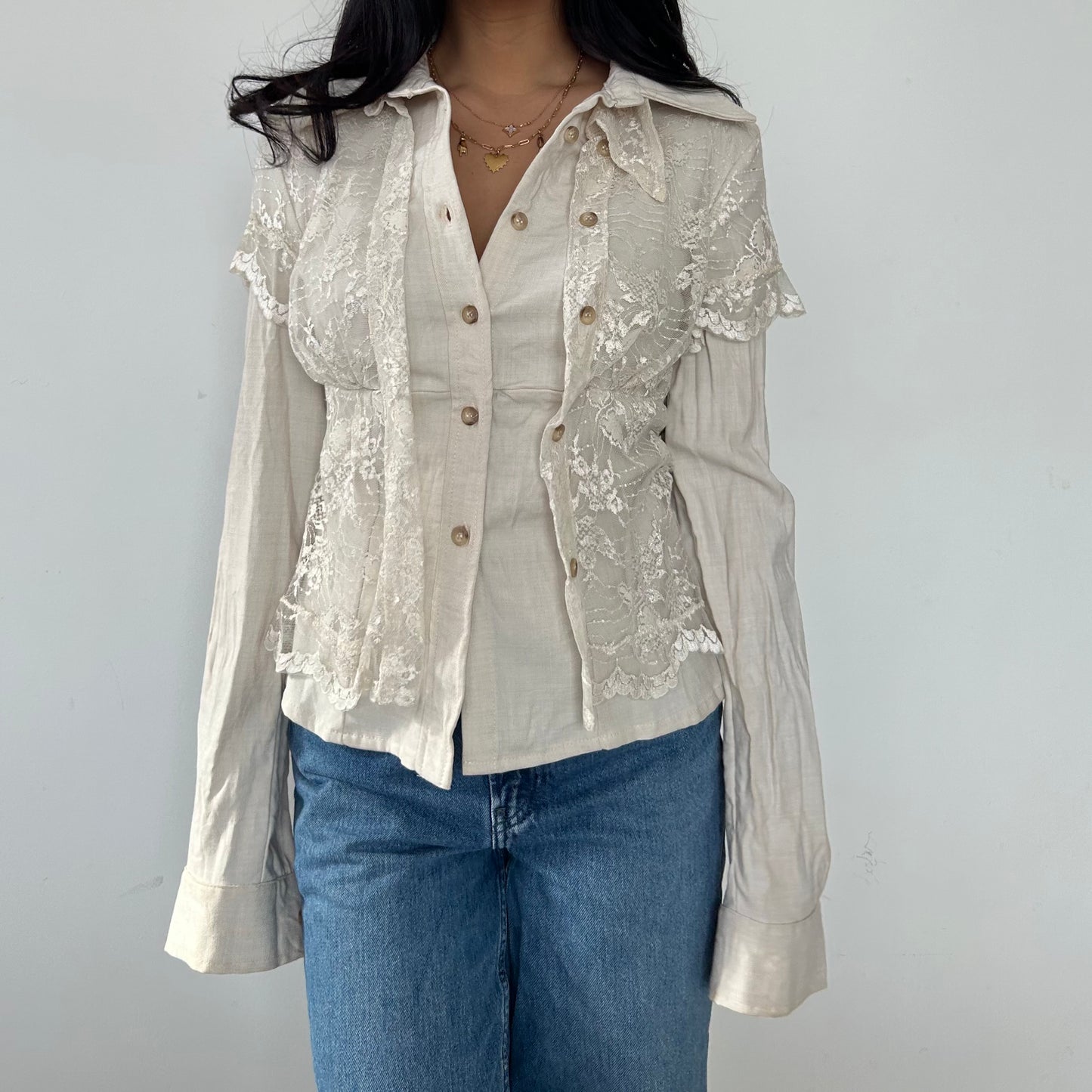 BNWT Mariagrazia Panizzi Beige Lace-Trimmed Button-Up Blouse - Small