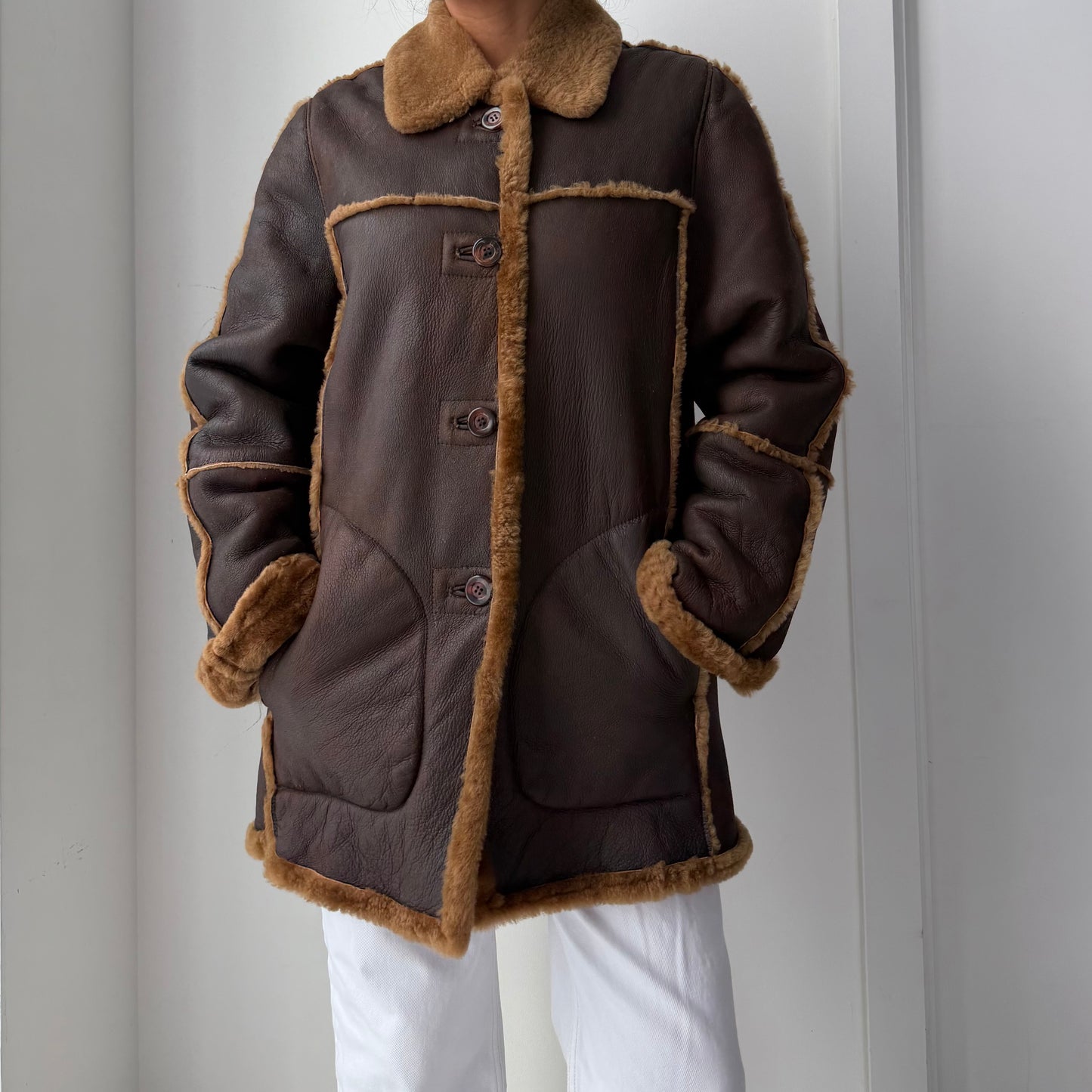 Early 2000s Utex Genuine Leather & Shearling Aviator Coat - Medium
