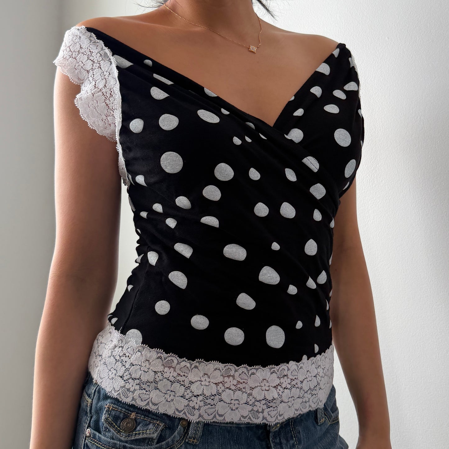 French Brand Black Polka-Dot Lace-Trim Top - Small