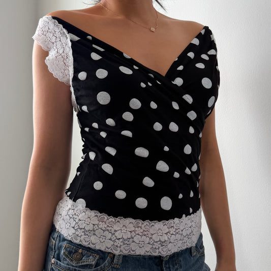 French Brand Black Polka-Dot Lace-Trim Top - Small