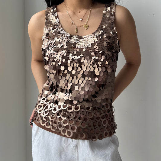 Brown Sequin Mesh Tank - Medium