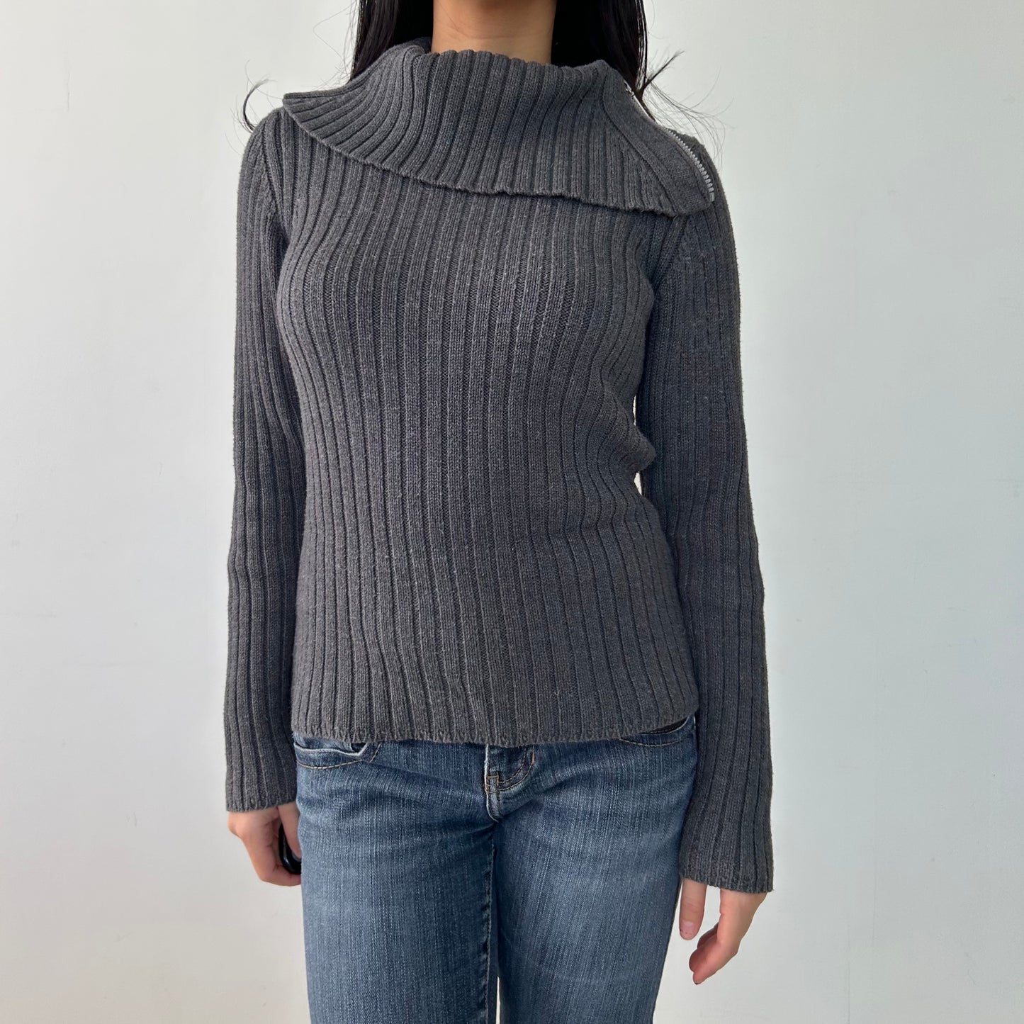 Jacob Grey Ribbed Chunky Knit Turtleneck Jumper - Medium