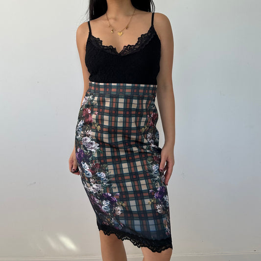 BNWT Old Label Zara Floral Panel Tartan Lace-Trim Midi Dress - Medium