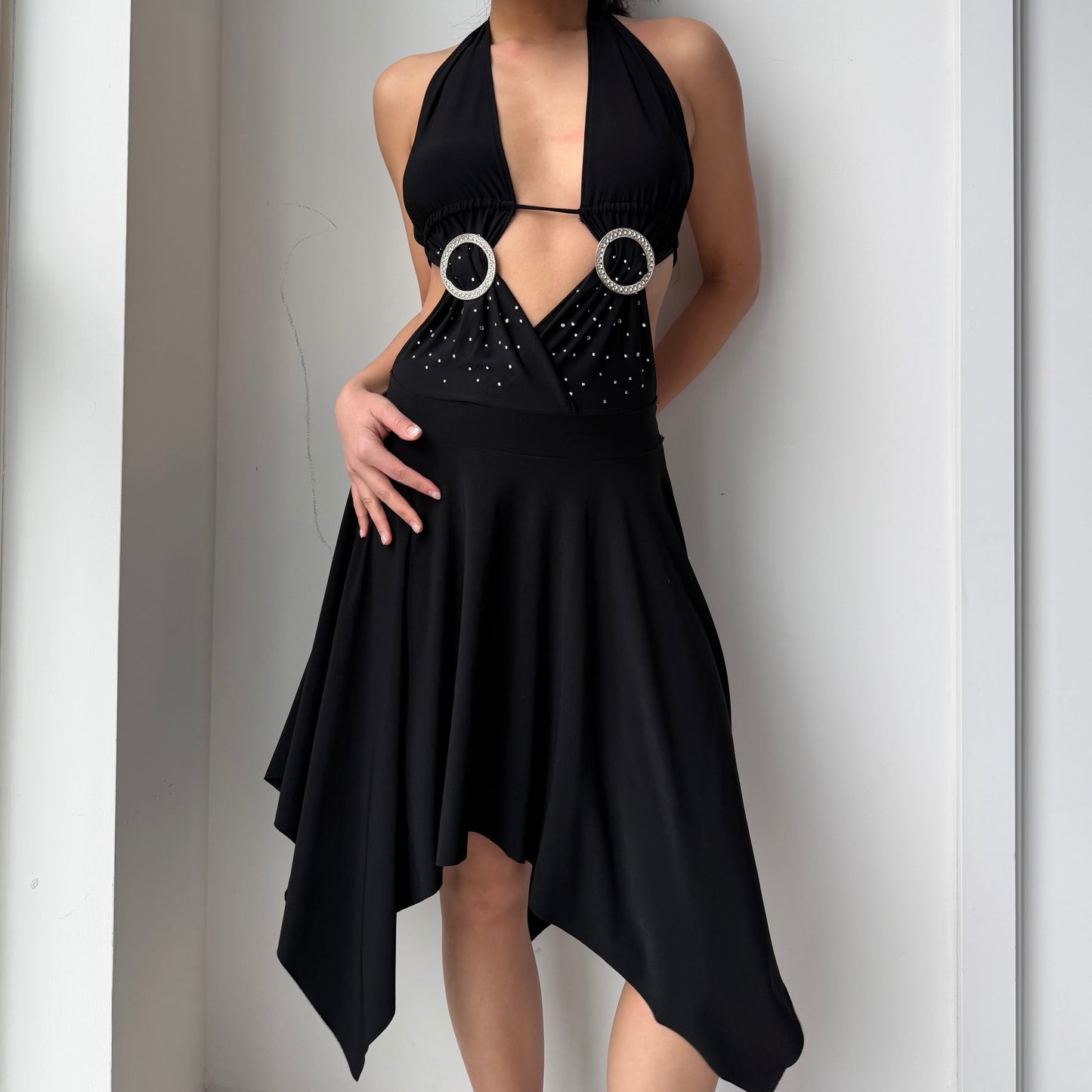 2000s Made in USA Black Crystal Ring Cutout Handkerchief Dress - Small