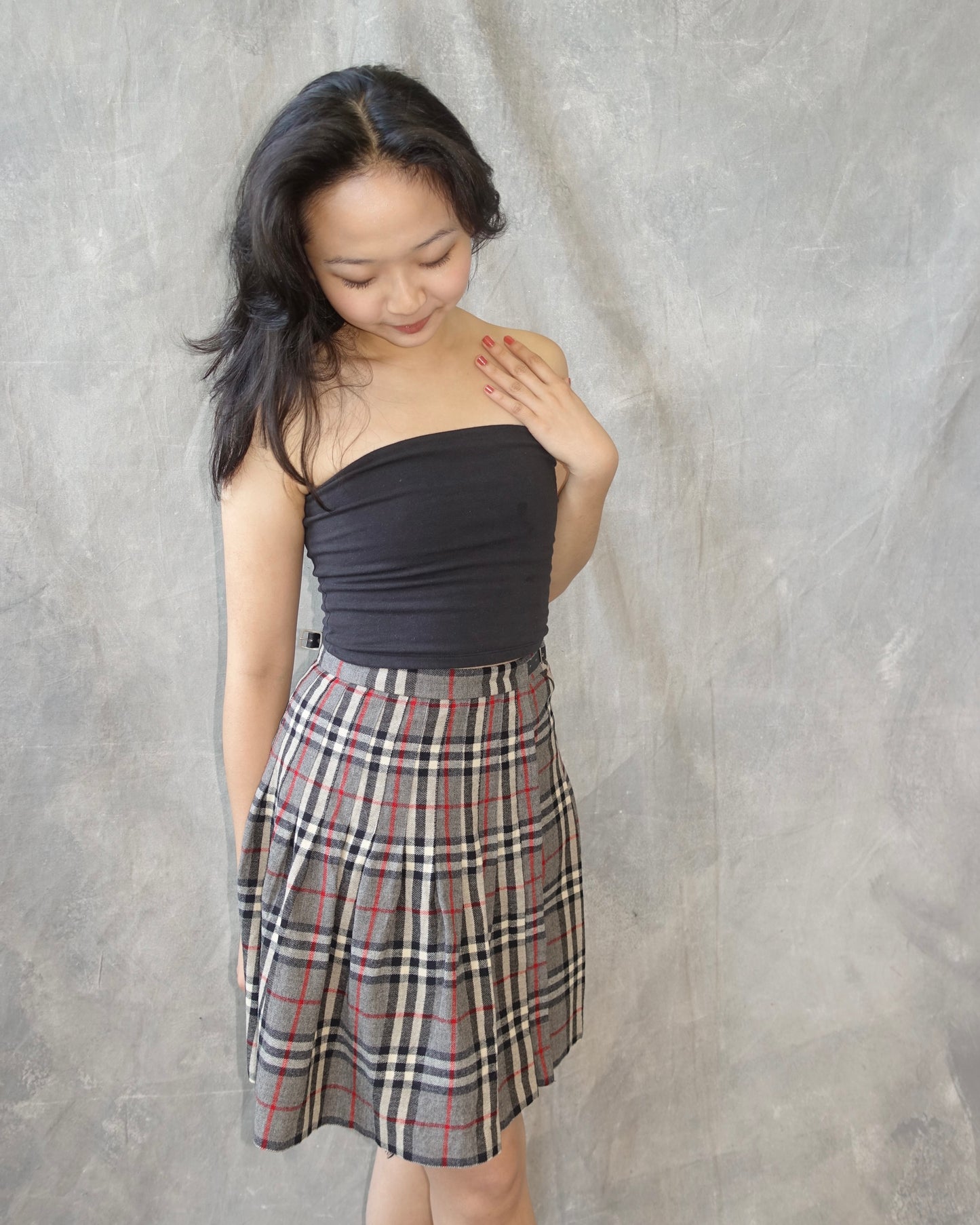 Vintage 80s Burberry Grey Nova Check Wool Pleated Skirt - W24