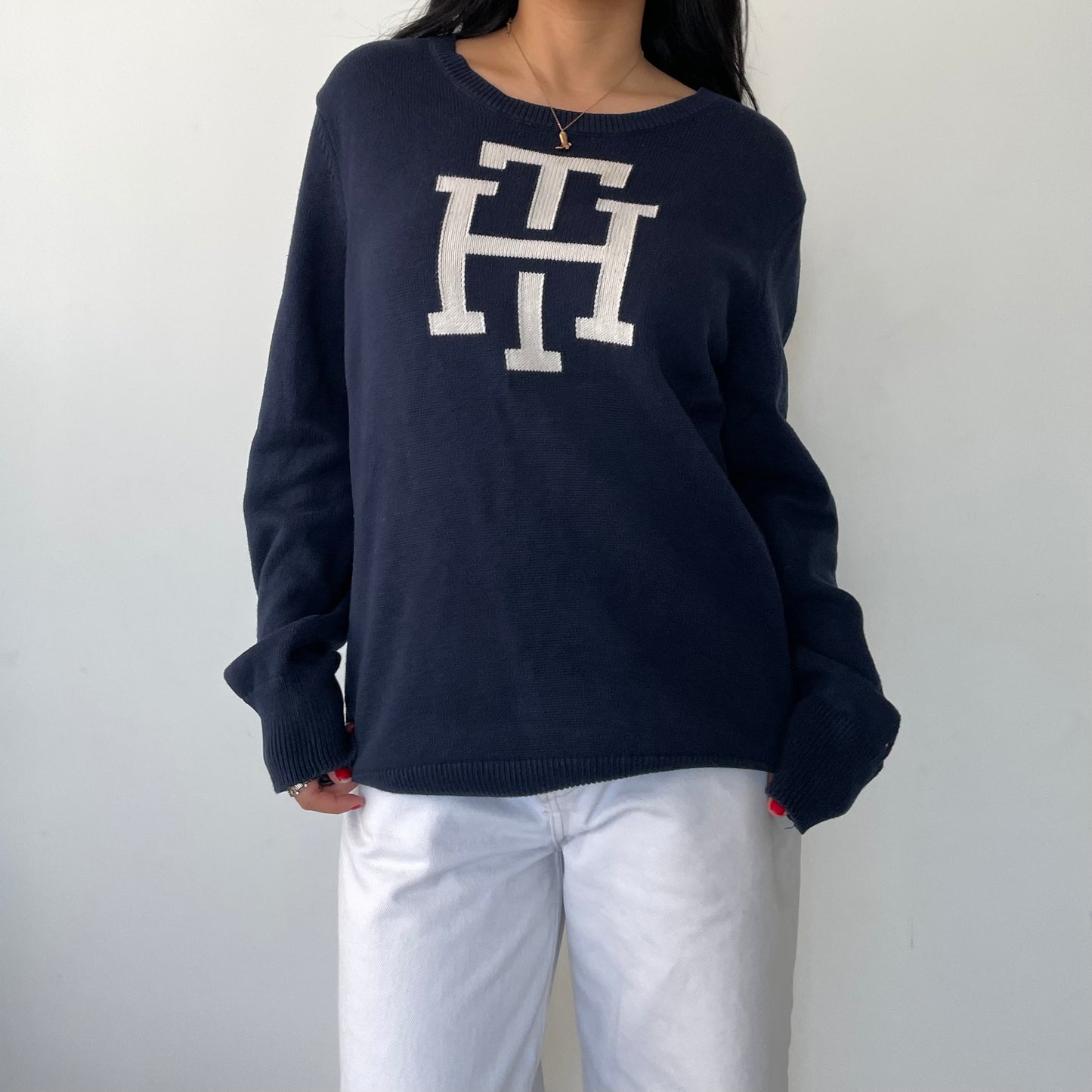 Tommy Hilfiger Navy Long Sleeve Cotton TH Monogram Crewneck Knit Jumper - X-Large