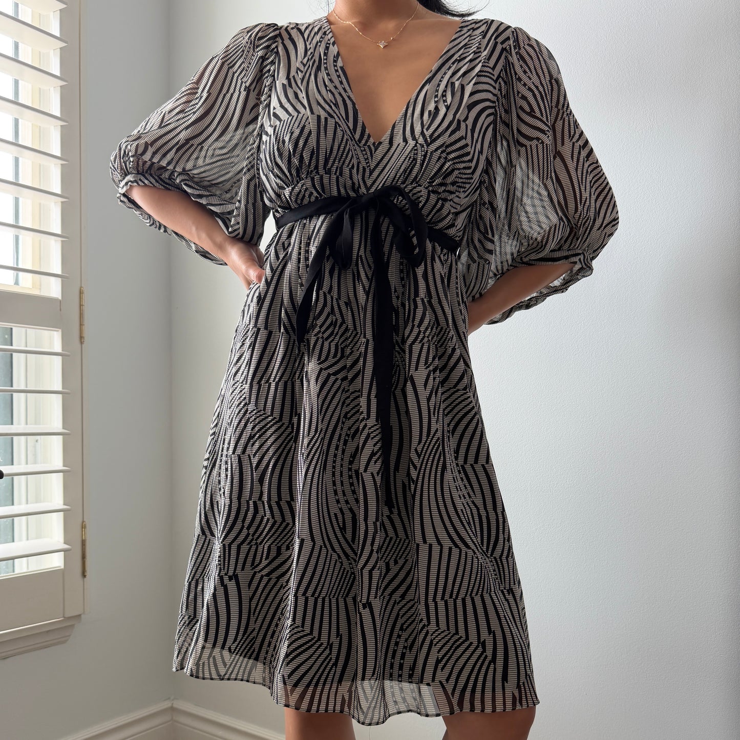 Ted Baker Zebra Print Long Sleeve Tie Waist Silk Dress - Medium