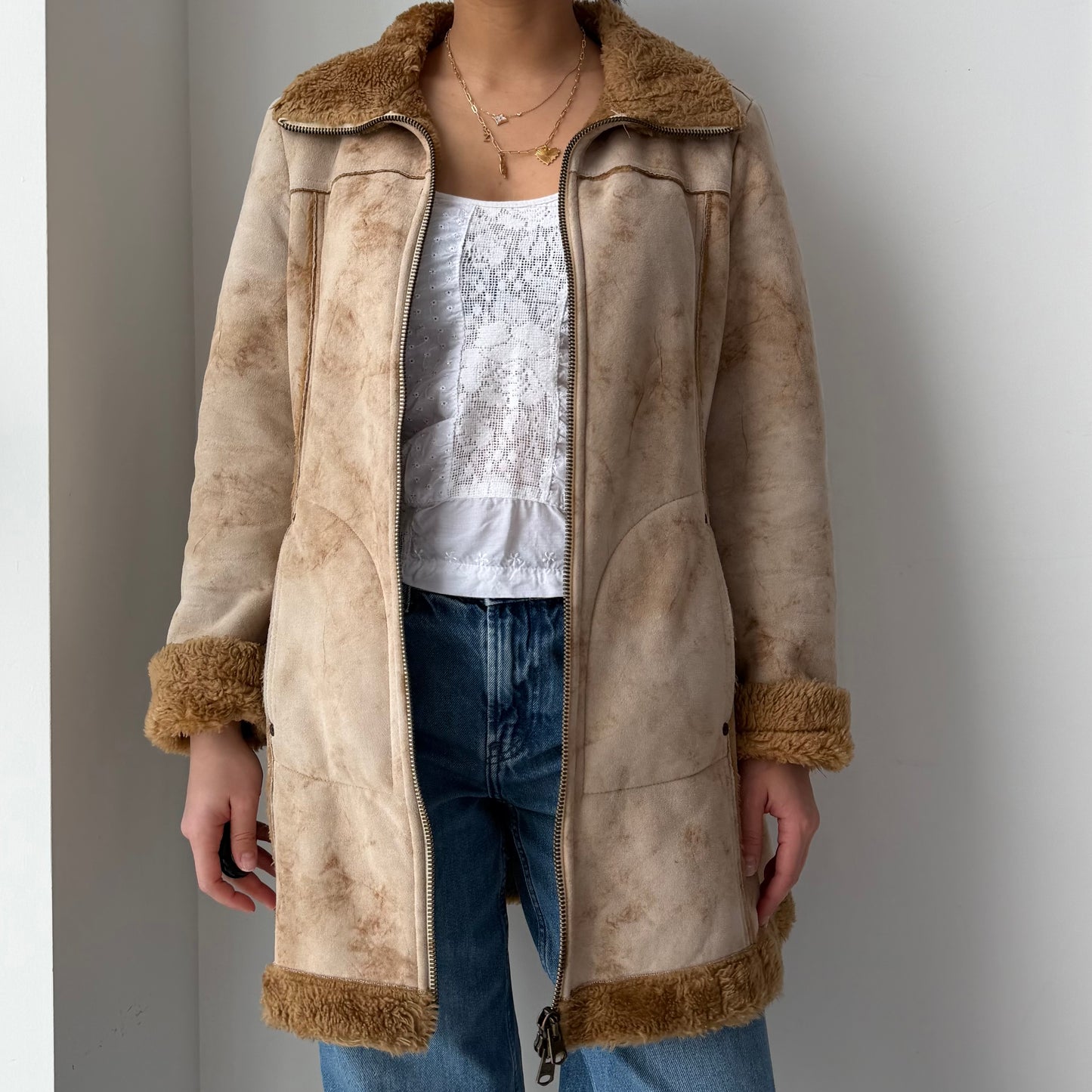 Replay Beige Faux Shearling Double Zip Coat - Small
