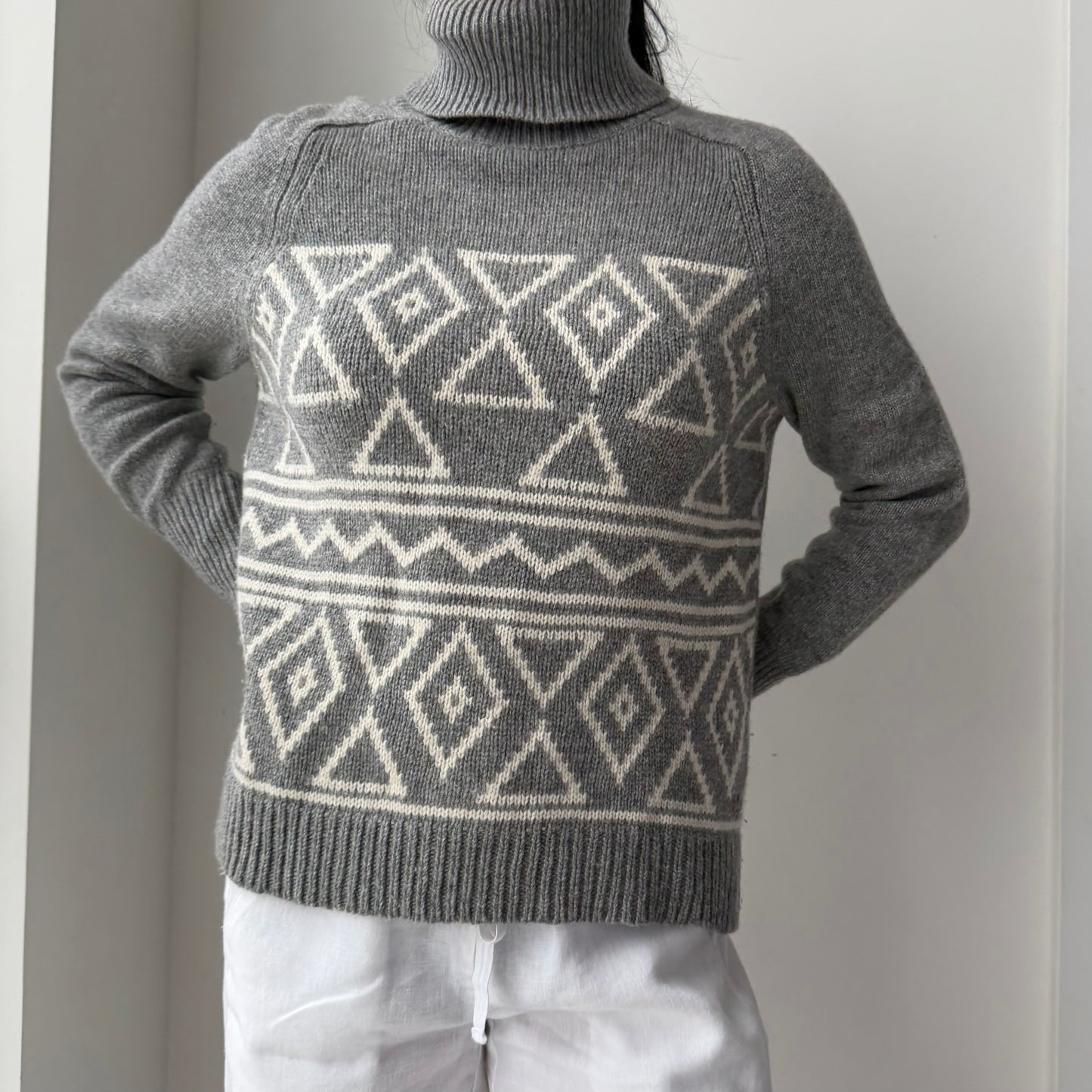 J. Crew Grey Wool and Cashmere Geometric Turtleneck Jumper - Small