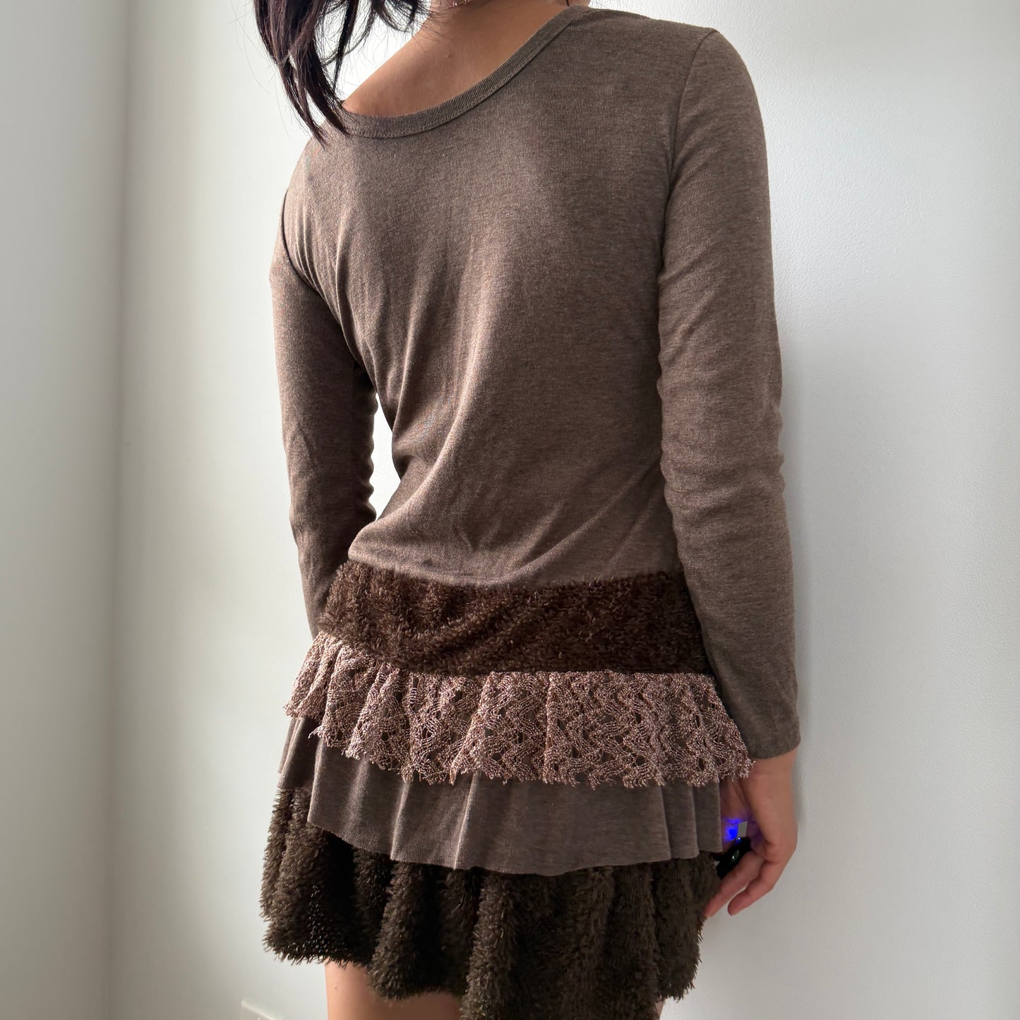 Brown Layered Knit Long Sleeve Mini Dress - Small
