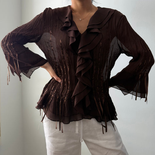 Brown Ruffle-Front Long Sleeve Blouse - Medium