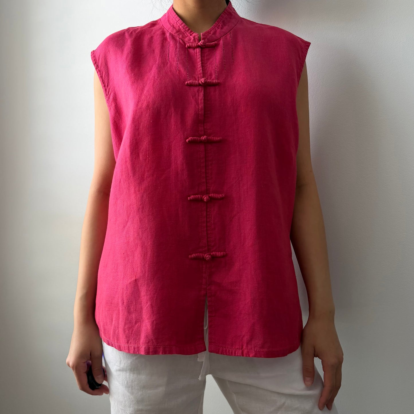 Spring Breeze Italian Hot Pink Mandarin Collar Linen Top - XX-Large