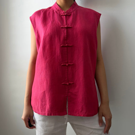 Spring Breeze Italian Hot Pink Mandarin Collar Linen Top - XX-Large