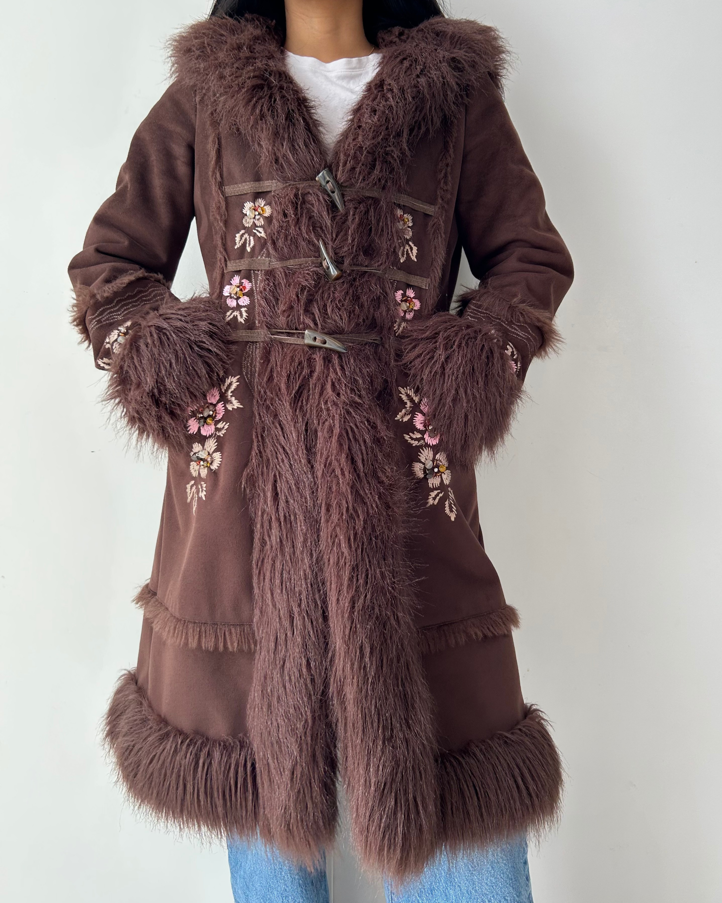 Aldo Brown Faux Shearling Embroidered Penny Lane Coat - Small
