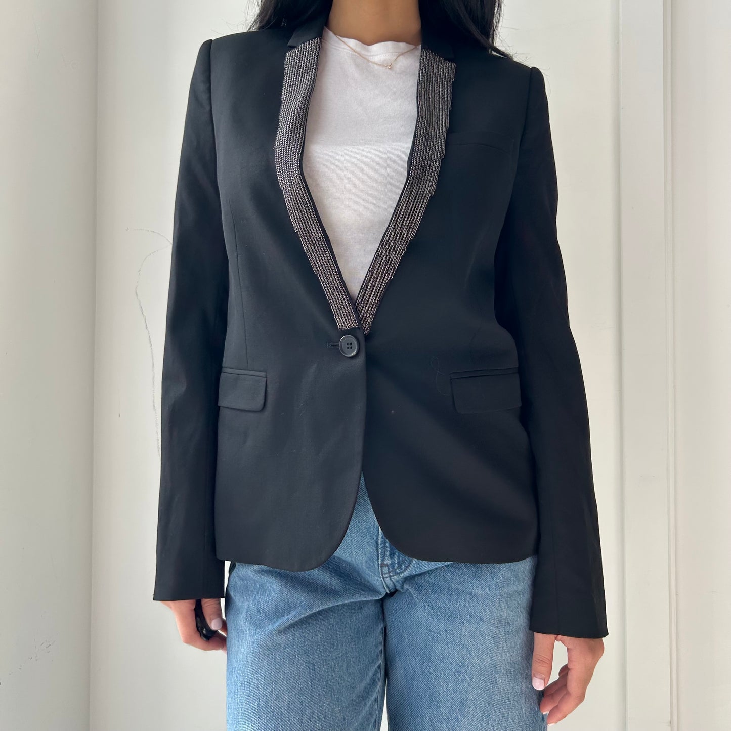 The Kooples Black Chainmail Embellished Wool Lapel Blazer - X-Small