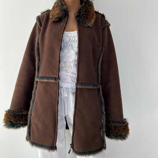 Brown Faux Shearling Full Zip Coat - Large