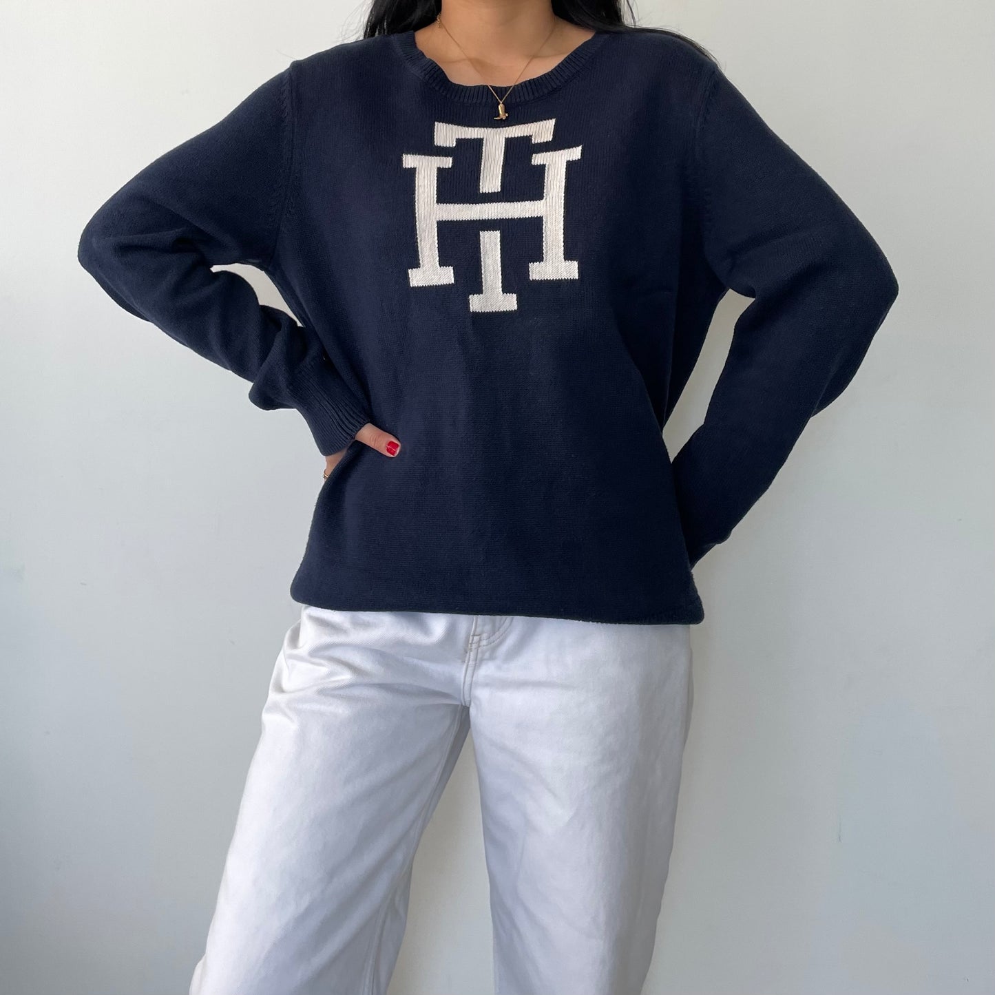 Tommy Hilfiger Navy Long Sleeve Cotton TH Monogram Crewneck Knit Jumper - X-Large