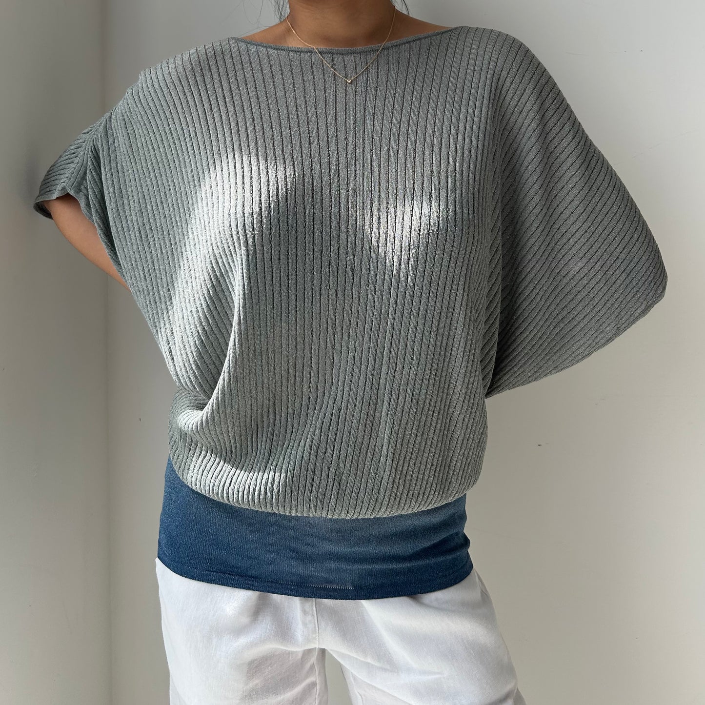 Metallic Rib Knit Open Back Top - Small