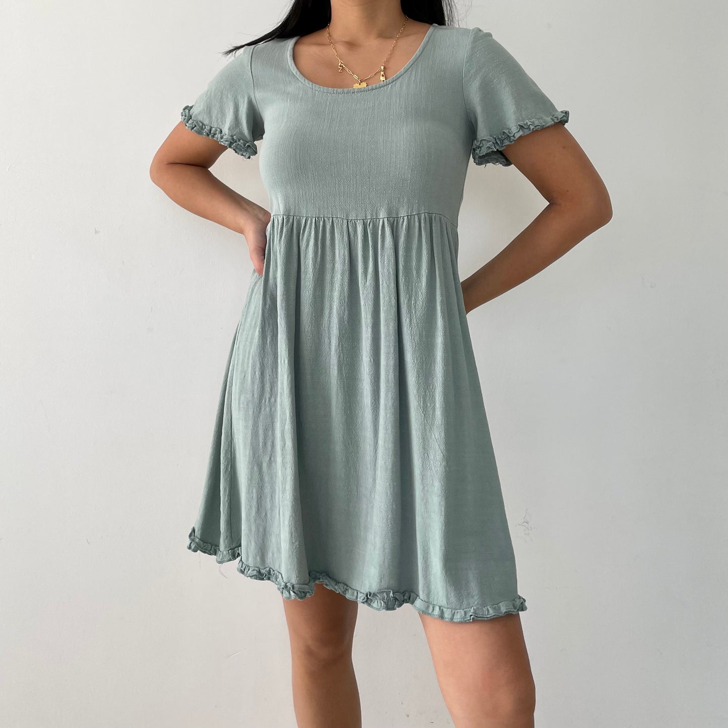 Green Linen Babydoll Dress - X-Small