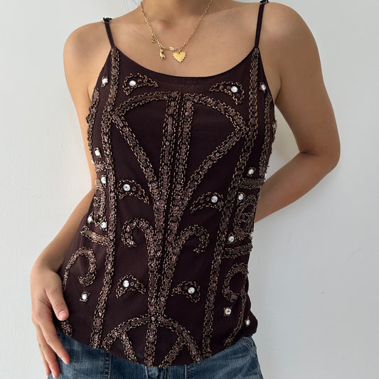 Brown Beaded Mesh Tank - Large