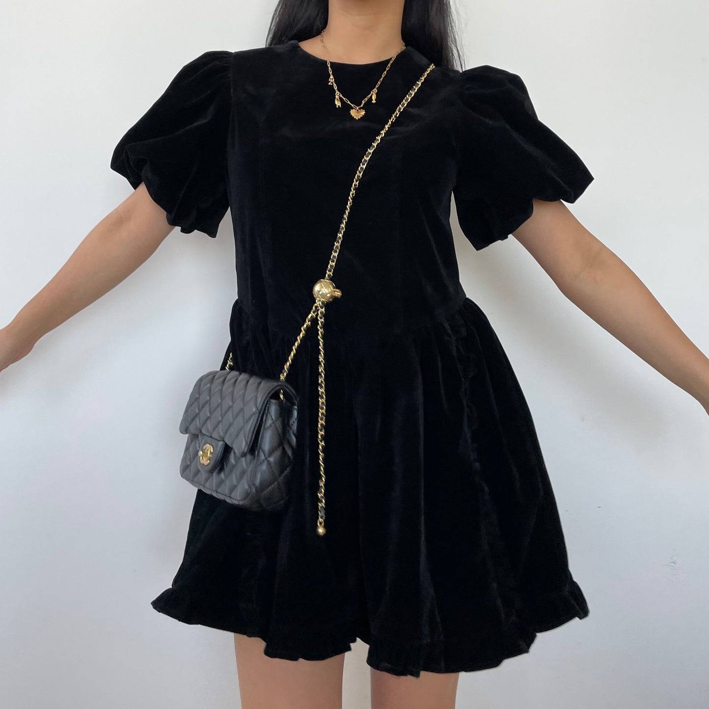 Black Velvet Short Sleeve Babydoll Dress - Small