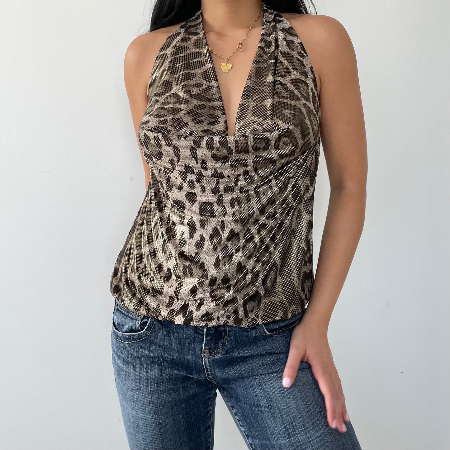 Leopard Print Halter Cowl Neck Top - Medium