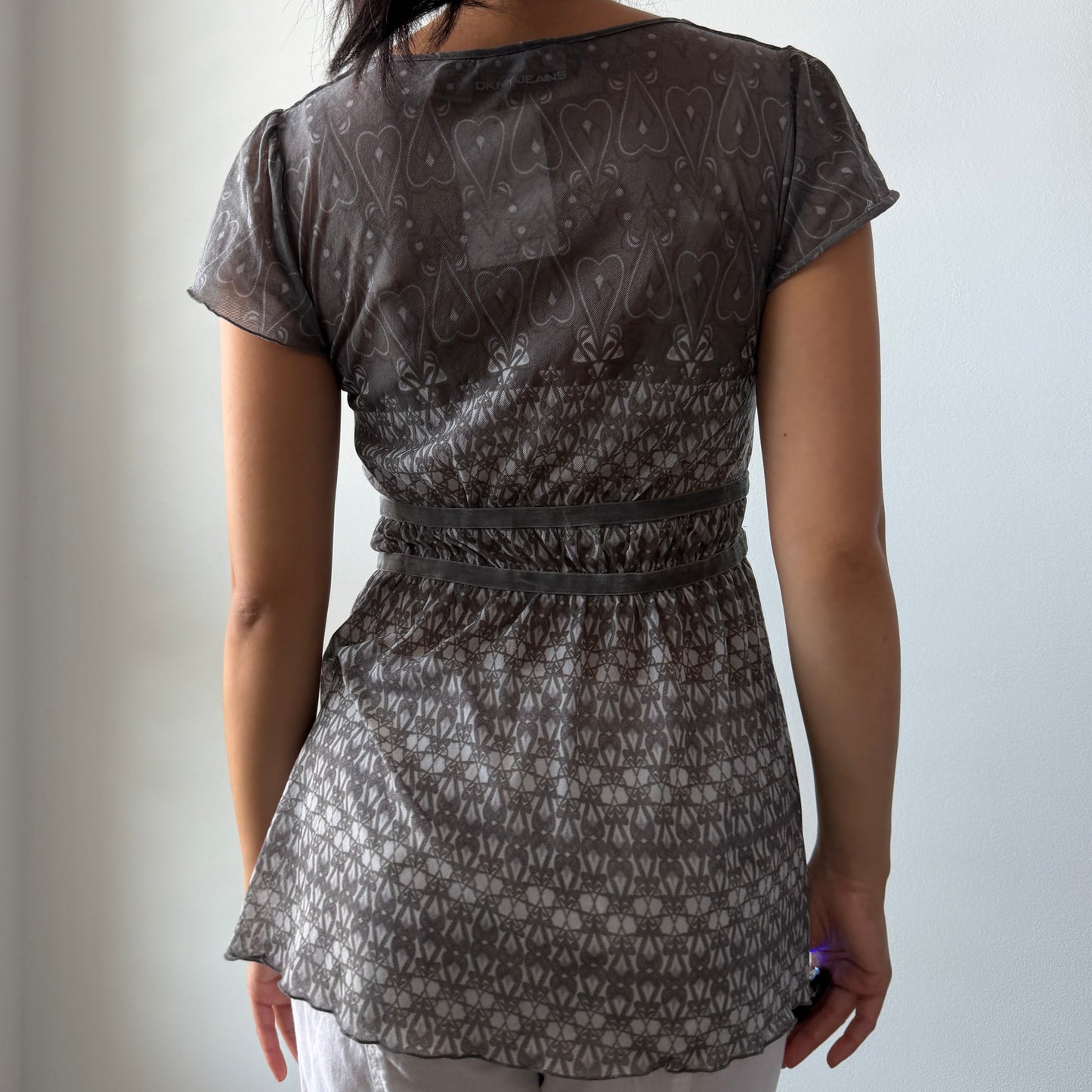 DKNY Jeans Grey Short Sleeve Patterned Mesh Top - Small