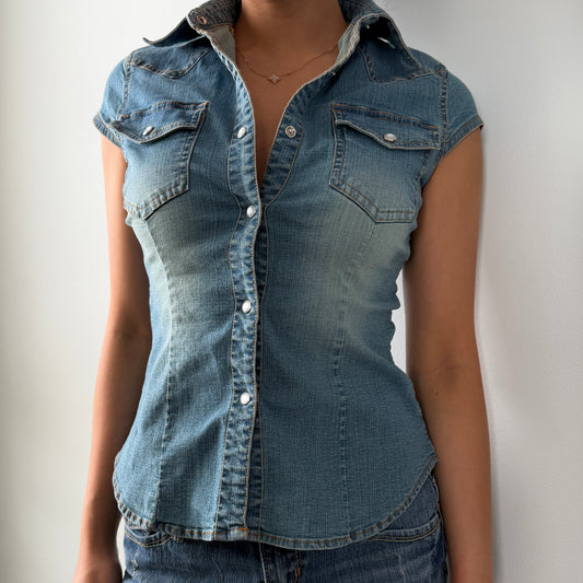 Blue Fitted Denim Button-Front Cap-Sleeve Shirt - X-Small