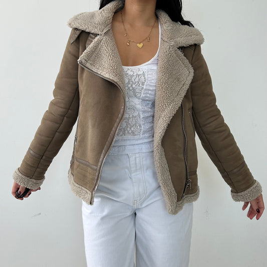 Zara Brown Double Face Faux Shearling Moto Jacket - X-Small