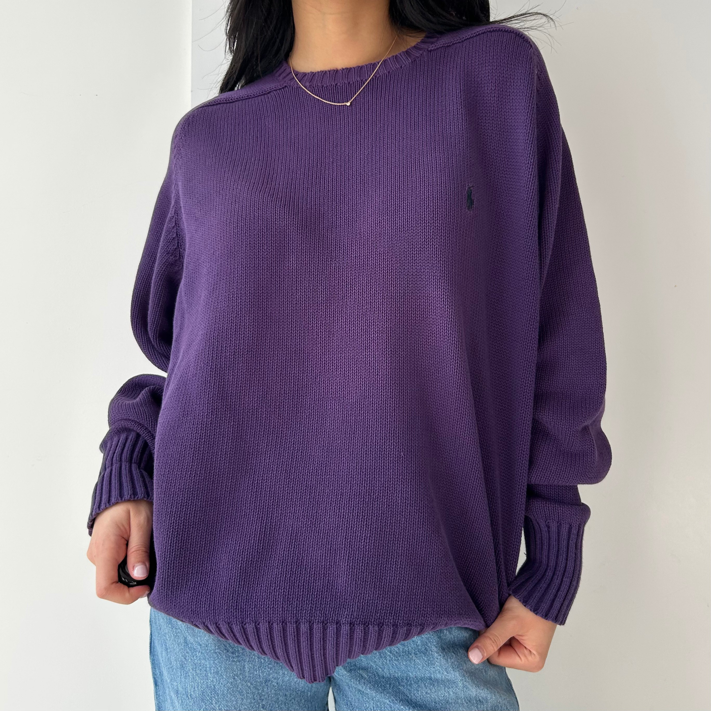 Vintage 1980s Polo Ralph Lauren Purple Crewneck Knit Jumper - Large