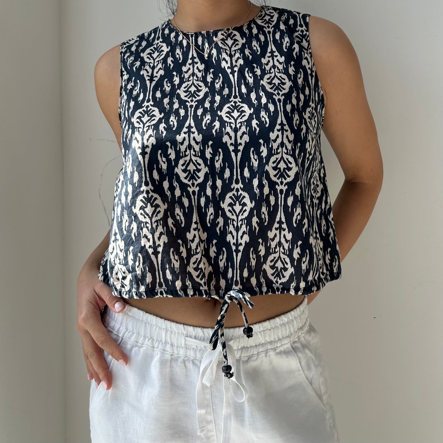Zara Navy Patterened Sleeveless Poplin Tank - X-Small