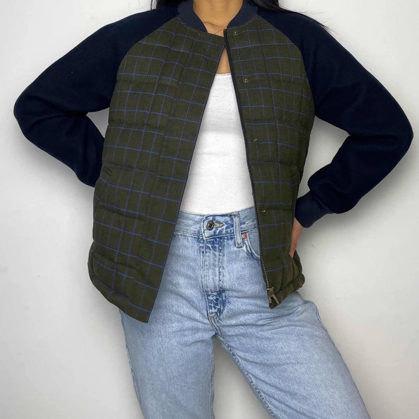 BEAMS Quilted Green and Navy Wool Blend Bomber Jacket - Small