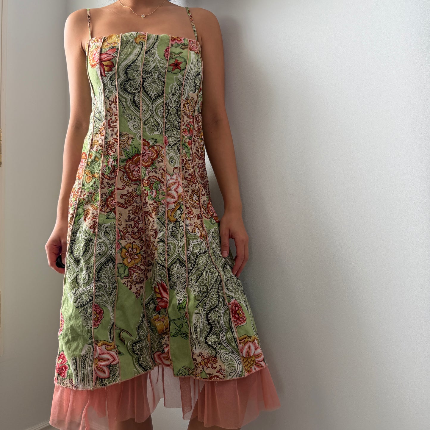 2000s French Label René Derhy Green Paisley Corset-Style Sundress - Small