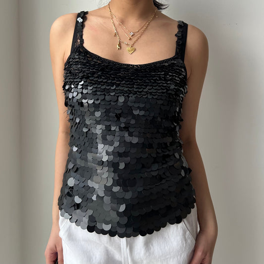 Black Sequin Mesh Cami Top - Small
