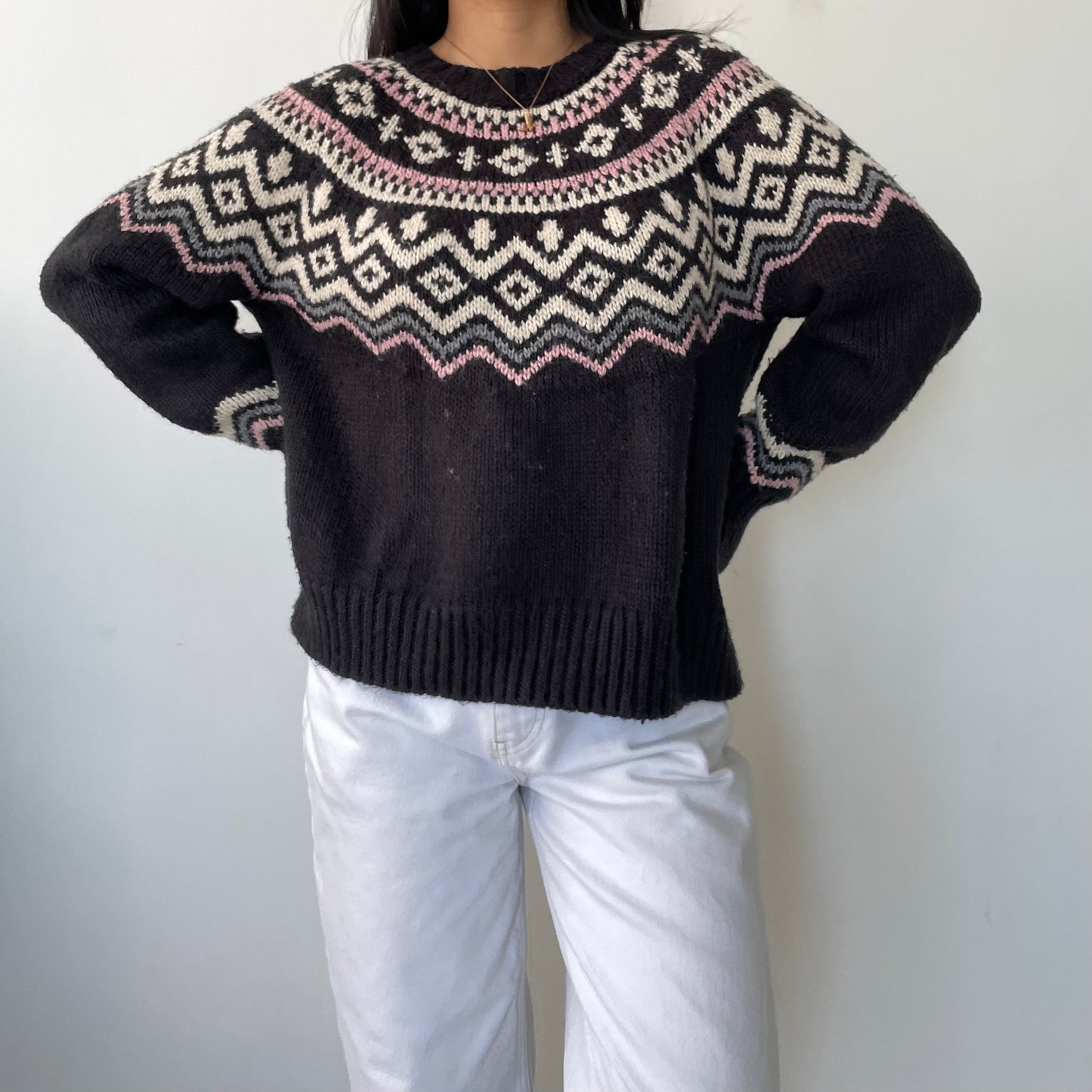 Lucky Brand Charcoal and Pink Fair Isle Long Sleeve Knit Jumper - Small