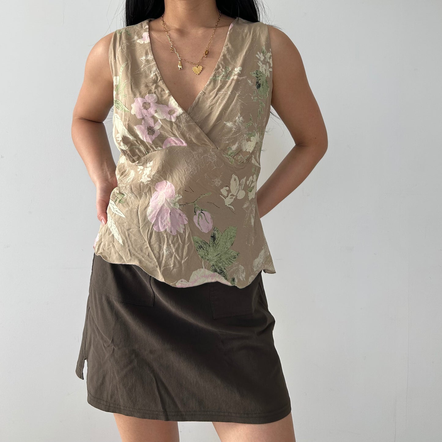 Beige Floral Silk Wrap Top - Medium