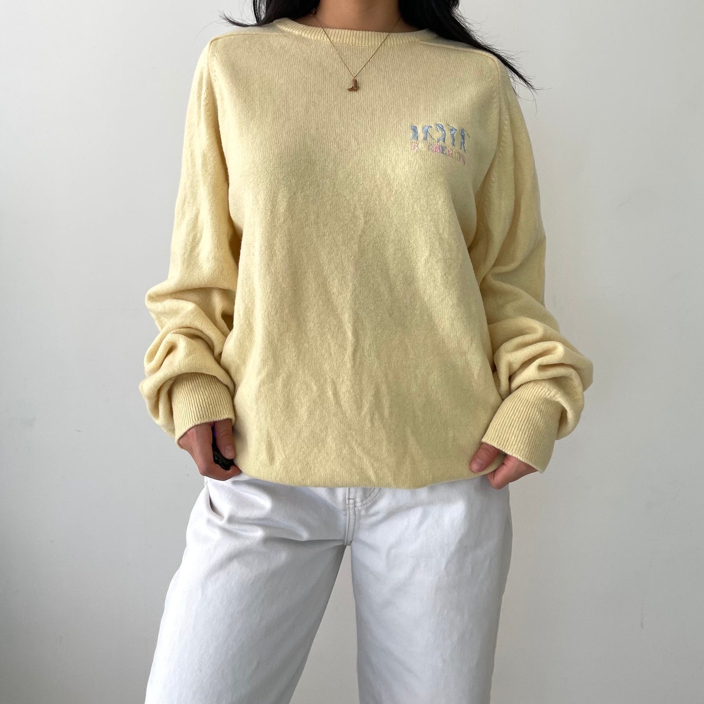 Vintage 1980s Burberrys Butter Yellow Lambswool Crewneck Sweater - X-Large