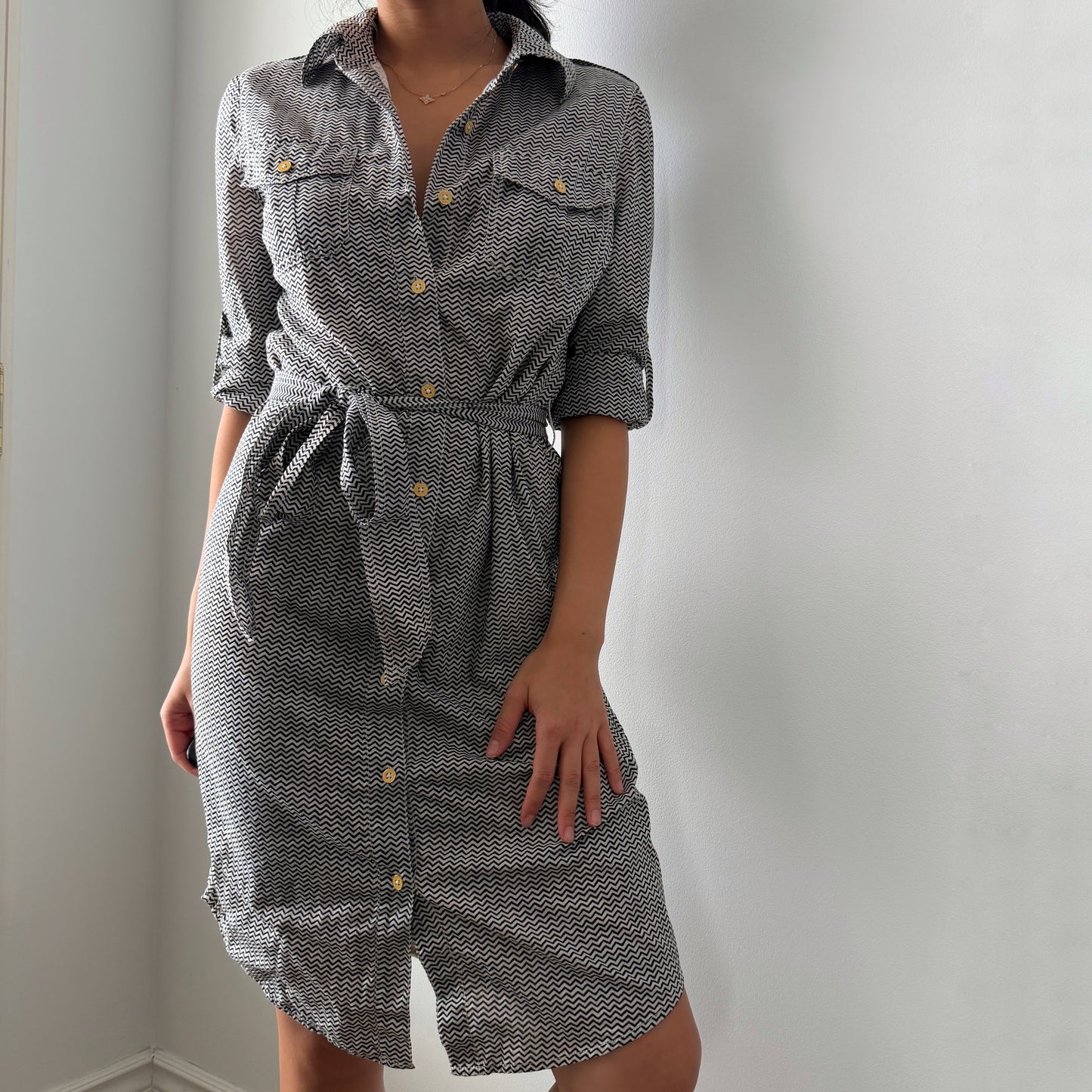 Tory Burch Black and White Chevron Belted Shirt Dress - Small