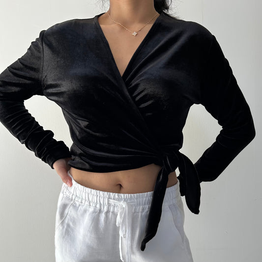 Sisley Black Velvet Long Sleeve Wrap Top - Small